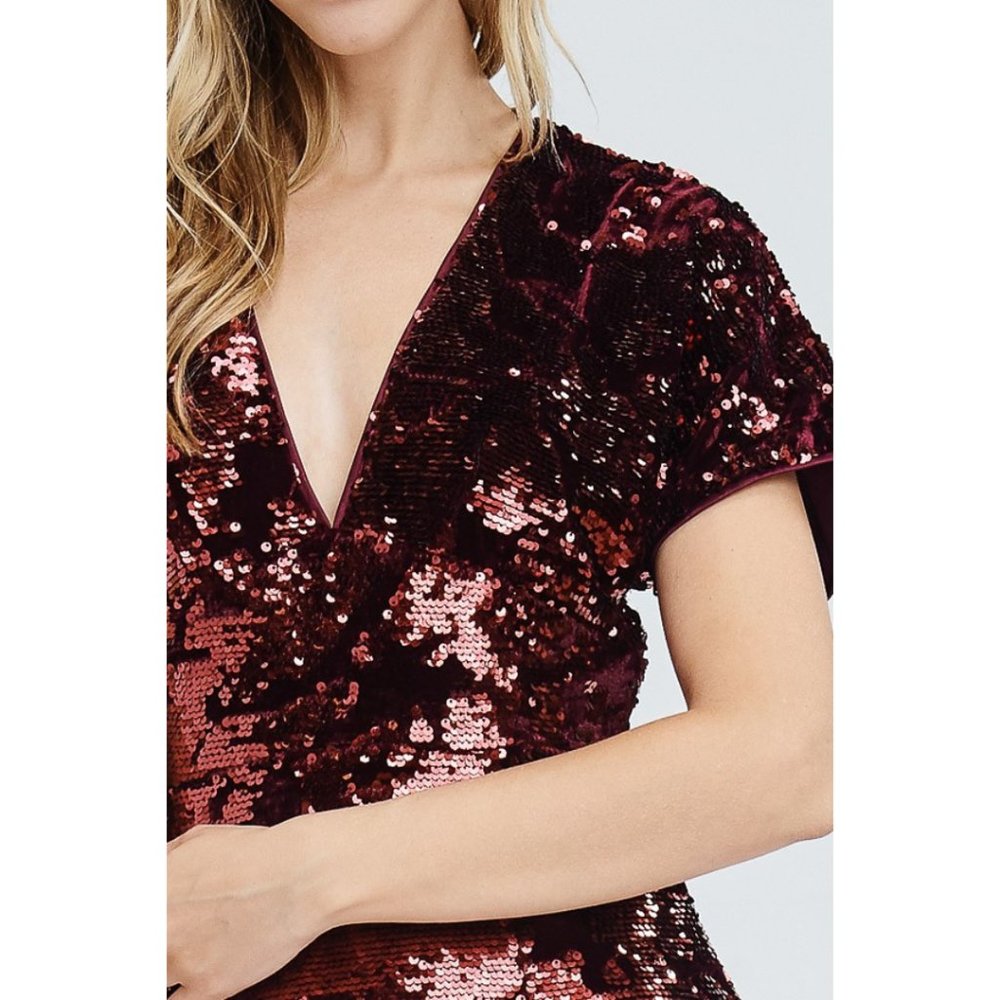 Burgundy Deep V-Neck Sequins Mini Dress - Picture 3 of 7